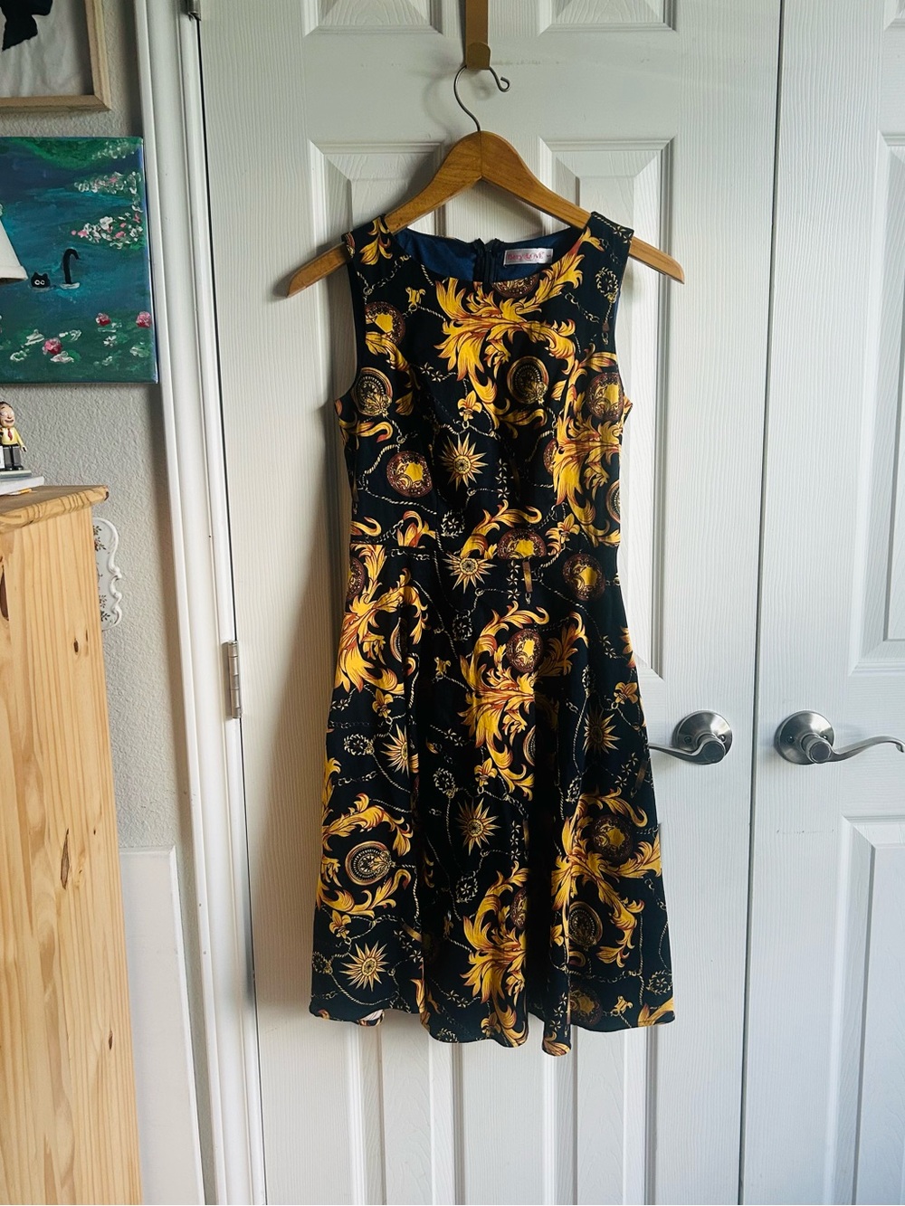 Bery Love blue & gold floral coastal whimsigoth sleeveless mini dress